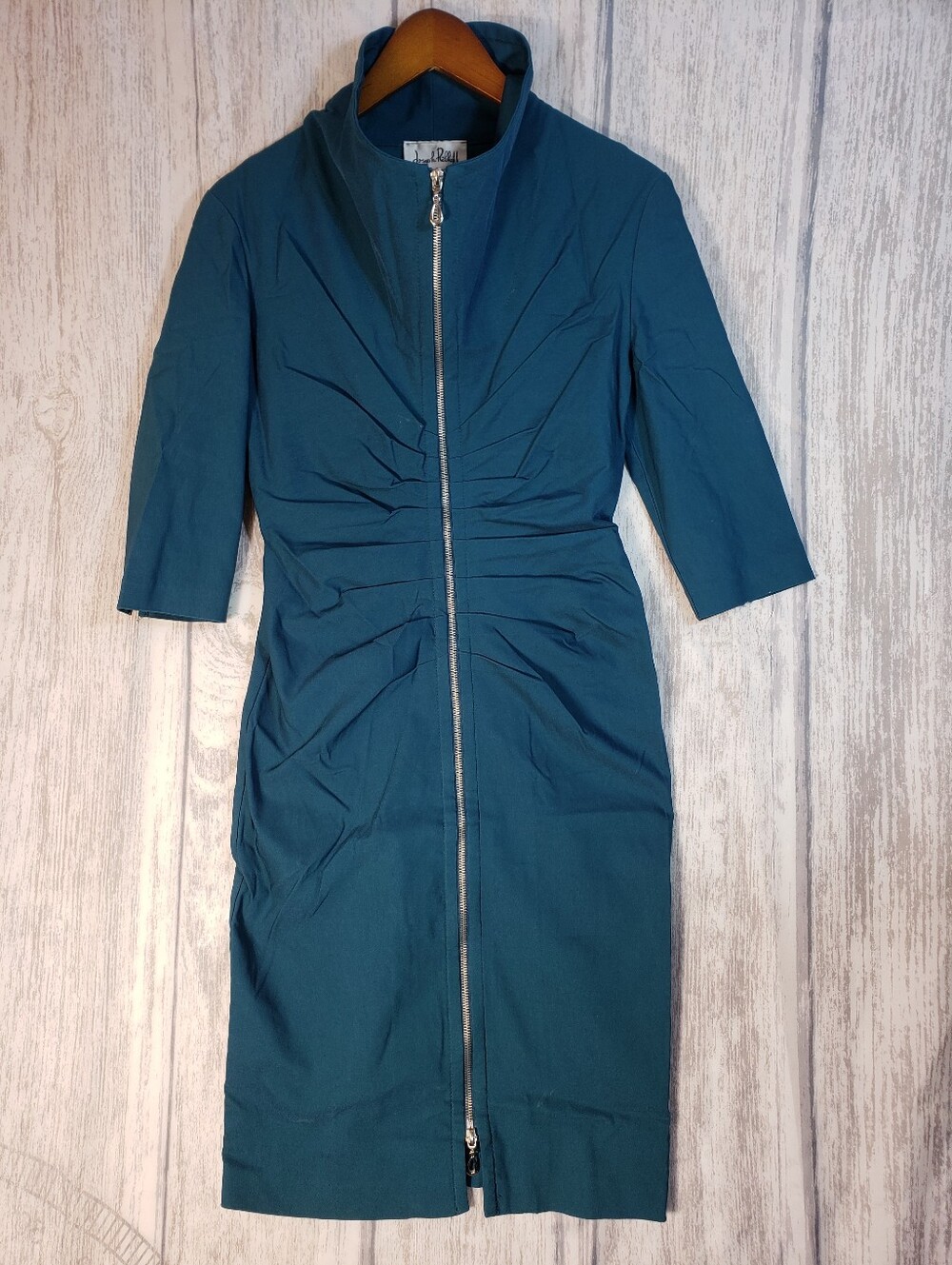 Vintage 90s Joseph Ribkoff teal ruched zip-up sheath dress Ruching Size 6